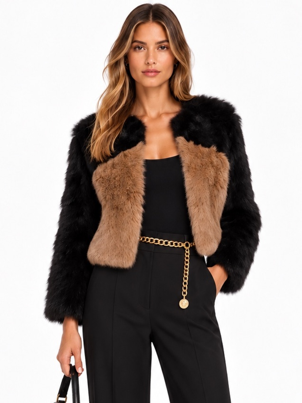 Club Monaco Genuine Lamb Fur Jacket Black Taupe Colorblock Cropped Coat
